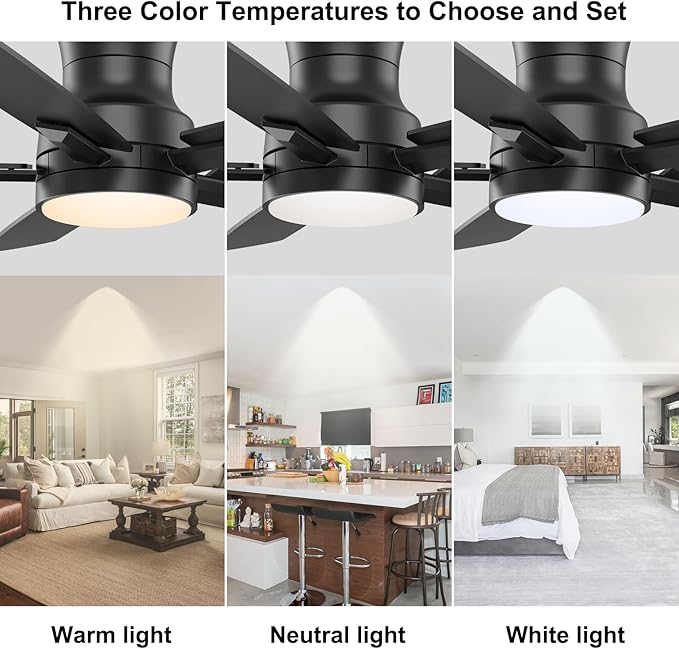 YUHAO 52 Inch Flush Mount Black Ceiling Fan with Light and Remote Control.Noiseless,Dimmable,3CCT,6 Speeds Reversible, Low Profile DC Ceiling Fans for Indoor Use