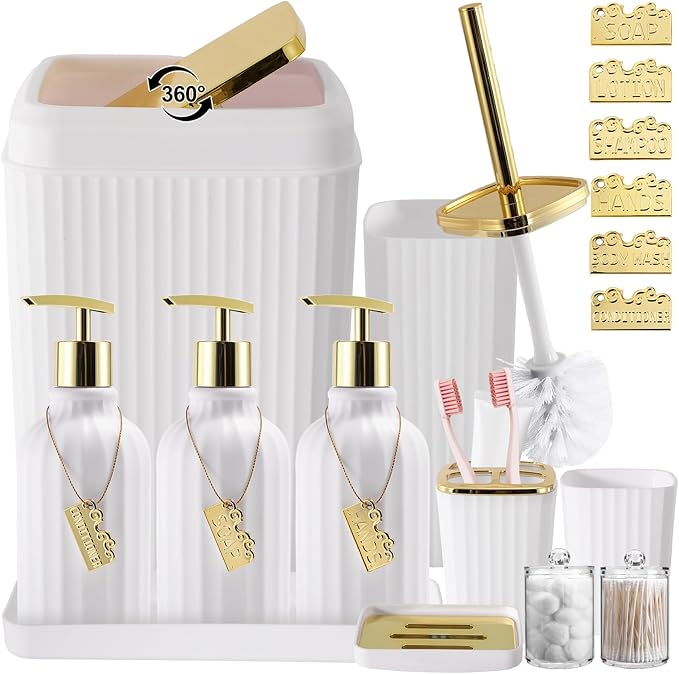 17PCS Bathroom Accessory Set Bathroom Set Gold Bathroom Accessories,Toilet Brush, Trash Can, Qtip Holder Dispenser& 3PCS Soap Dispenser