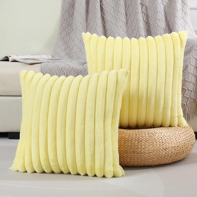 FUTEI Yellow Striped Decorative Throw Pillow Covers 16x16 Inch Set of 2,Square Winter Decorations Couch Pillow Case,Soft Cozy Faux Rabbit Fur & Velvet Back,Modern Home Decor for Bed