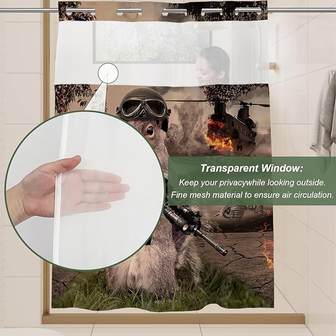 Cute Squirrel Shower Curtain Abstract Anime Theme Shower Curtain with Snap in Fabric Liner Set, Detachable Liner, See Through Mesh Top Window, Waterproof Washable 72" W x 74" H