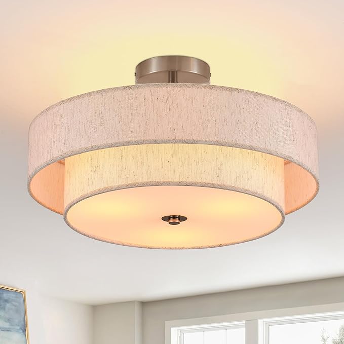 18" Semi Flush Mount Ceiling Light 3-Light Modern Linen Drum Ceiling Lighting with Chrome Finish, Vintage Ceiling Light for Living Room, Kitchen, Basement, Laundry Room, Bedroom