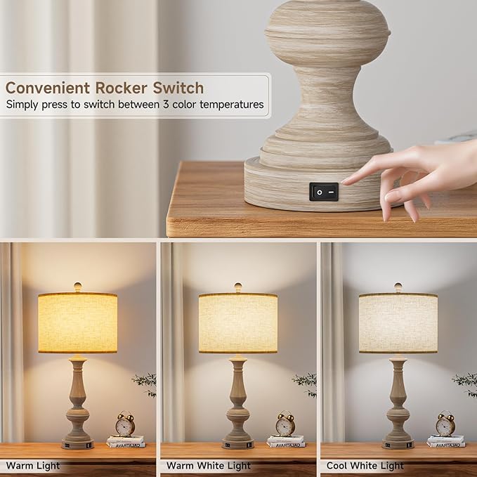 26" Farmhouse Resin Table Lamp for Bedroom Set of 2, Retro Bedside Lamps for Nightstand with USB C+A Ports, 3 Color Temperature Desk Lamp, Vintage Table Lamps for Living Room (2 Bulbs Included)