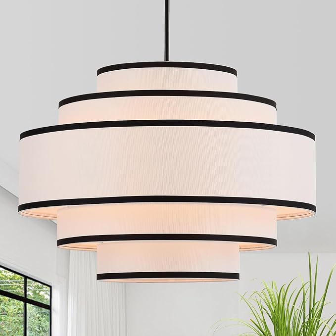 25.6" Black Drum Chandelier with White Linen Lampshade 6-Light Modern Farmhouse Chandelier Light Fixture for Living Room, Dining Room, Kitchen Island, Entryway, Stairway