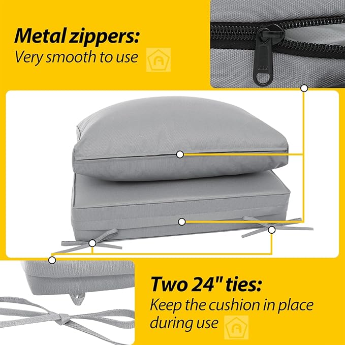 AAAAAcessories Outdoor Deep Seat Cushions, Waterproof, Fade-Resistant Patio Furniture Replacement Cushions, 24" x 24" x 5" + 24" x 13.5", Gray
