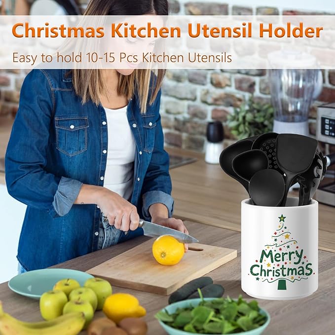 Christmas Utensil Holder Ceramic Cooking Utensil Holder for Kitchen Counter, Large Spatula Holder Glossy White Christmas Gift Kitchen Decor （6.5”H x 5.5”D）