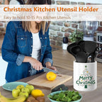 Christmas Utensil Holder Ceramic Cooking Utensil Holder for Kitchen Counter, Large Spatula Holder Glossy White Christmas Gift Kitchen Decor （6.5”H x 5.5”D）