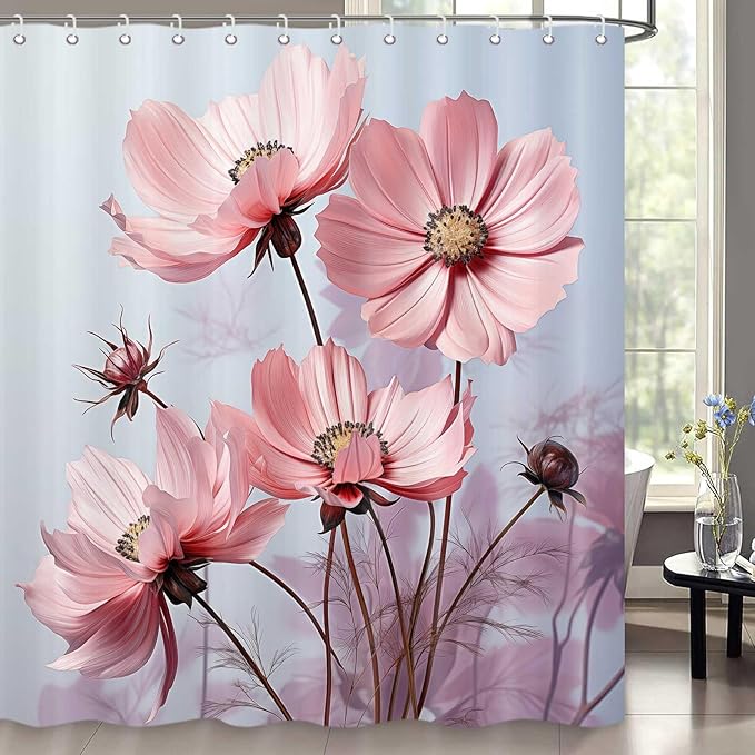 Floral Shower Curtain, Pink Flower Shower Curtains for Bathroom, Rustic Plant Chic Bathroom Decor Washable Durable Fabric Set with Hooks 72x72 Inch