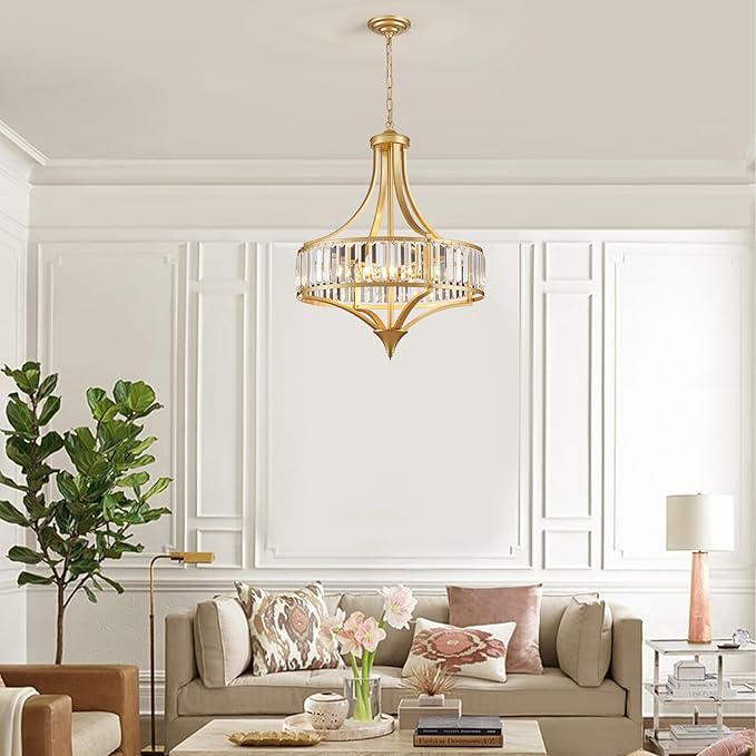 XINGQI 21.6" Modern Gold 6-Light Crystal Chandelier for Dining Room Large Round Pendant Lightting Fixture for Living Room Kitchen Island Bedroom