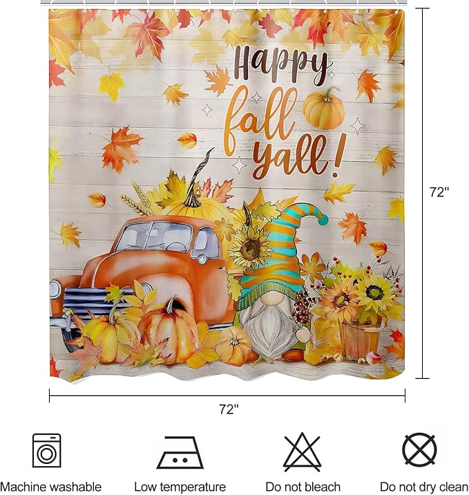 Happy Fall Shower Curtain Gnome Truck Autumn Pumpkin Maple Leaves Harvest Thanksgiving Farmhouse Bathroom Curtains Waterproof Polyester Fabric Bath Curtain 72 x 72 Inch with 12 Hooks