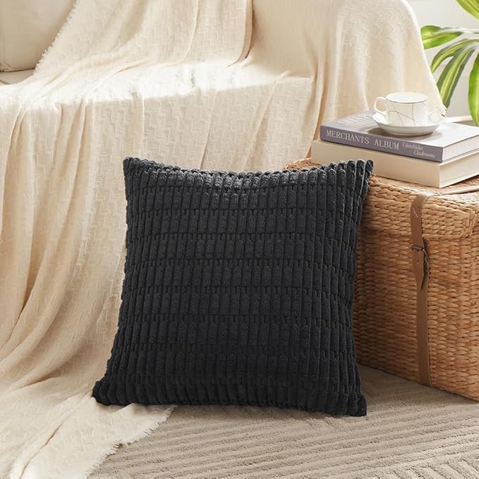 Fancy Homi Black Decorative Throw Pillow Covers 18x18 Inch for Living Room Couch Bed Sofa, Rustic Farmhouse Boho Home Decor, Soft Striped Corduroy Square Cushion Case 45x45 cm