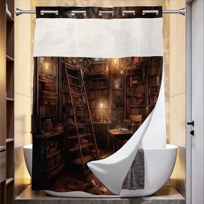 Antique Room for Study Theme Vintage Medieval Library Shower Curtain with Snap in Fabric Liner Set, Detachable Liner, See Through Mesh Top Window, Waterproof Washable 72" W x 74" H