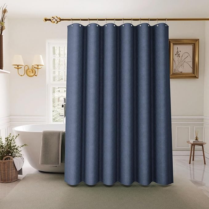 Inhousolu Boho Farmhouse Shower Curtain with Fabric Liner Set, Faux Linen Textured, 14 Metal Hooks Luxury Weighted Hem, Washable Wrinkle Free Bath Curtain for Hotel Bathroom 72" W x 72" L Navy Blue
