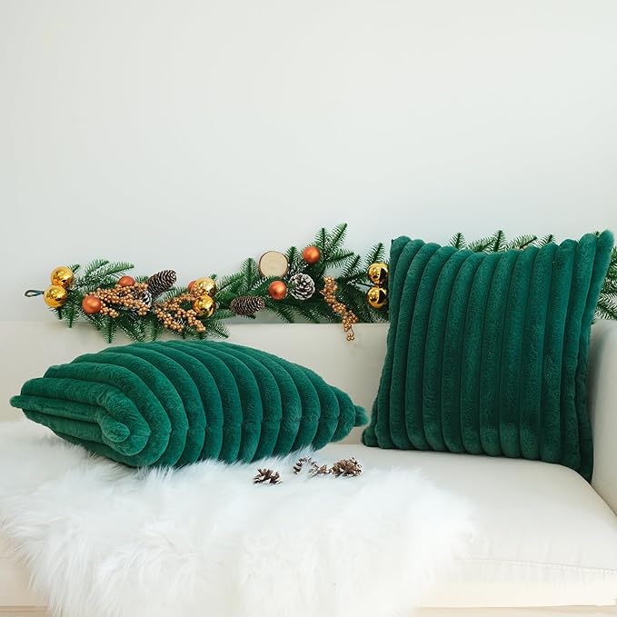 JOJUSIS Pack of 2 Faux Fur Plush Decorative Throw Pillow Covers Couch Cushion Case Soft Pillowcases (Dark Green, 18 x 18-Inch)