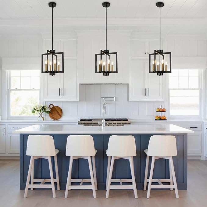 4-Light Farmhouse Chandelier Dining Room, Modern Black and Gold Chandelier For Foyer, Geometric Pendant Light Kitchen Island, Industrial Hanging Light Fixture For Entryway, Kitchen, Bedroom, Stairway