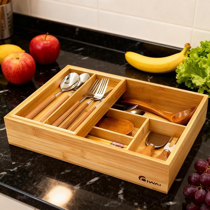 2-Tier Drawer Organizer with Removable Cutlery Tray Kitchen Utensil Silverware Drawer Organizer, Silverware Tray for Drawer Utensil Holder Bamboo Flatware Box for Utensils Stationery Cosmetics (S)