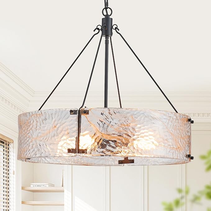 XINGQI Black Glass Chandeliers Modern 4-Light Farmhouse Pendant Lighting Fixtures Elegant Round Chandeliers for Dining Room Kitchen Island Living Room Entryway