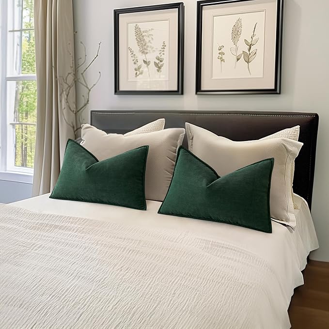 MIULEE Pack of 2 Christmas Green Decorative Lumbar Pillow Covers 12x20 Inch Soft Chenille Luxurious Couch Throw Pillows Farmhouse Cushion Covers with Elegant Design for Sofa Bedroom Living Room Decor