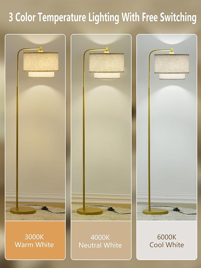 64" Modern Floor Lamp for Living Room Bedroom, Arc Floor Lamp with 3 Color Temperatures, Standing Lamp with Double Oatmeal Linen Lampshade, Tall Lamp with A19 12W LED Bulb, Foot Switch Control, Gold