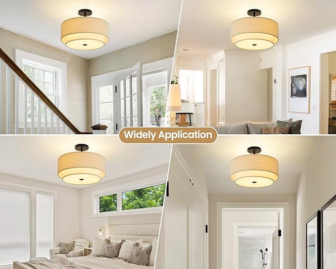 3 Light Double Drum Semi Flush Mount Ceiling Light, Close to Ceiling Light Fixture, 16 Inch with Fabric Linen Shade, Black Brass, for Living Room, Bedroom, Dining Room,Hallway and Entryway