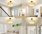 3 Light Double Drum Semi Flush Mount Ceiling Light, Close to Ceiling Light Fixture, 16 Inch with Fabric Linen Shade, Black Brass, for Living Room, Bedroom, Dining Room,Hallway and Entryway