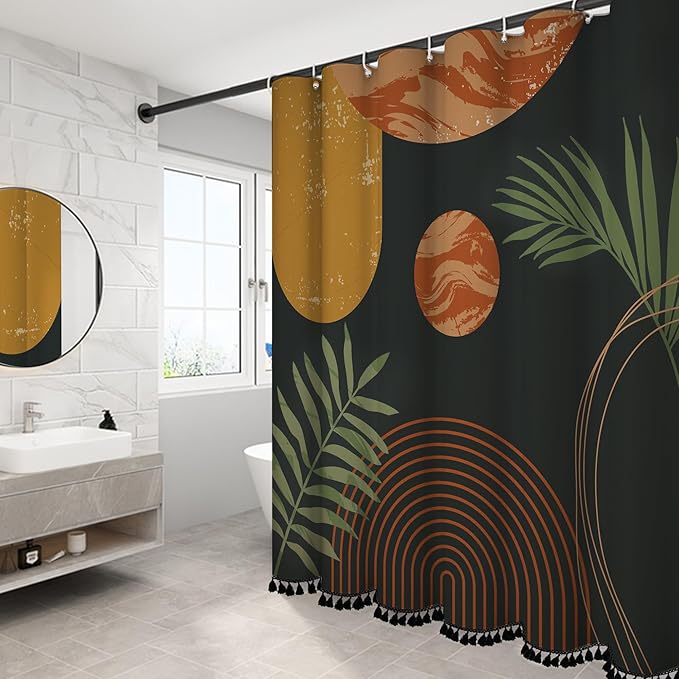 Boho Mid Century Leaf Shower Curtain Set,Arch Sun Design,Minimalistic Leaves Pattern,Waterproof and Luxurious Fabric-12 Hooks(Coffee Brown-72" x 72")