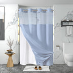 stall no Hook Tufted Shower Curtain with snap in Liner Set, White Waterproof Fabric Inner Liner,Boho Style Shower Curtain with See Through top Window, FrostBlue, 54Wx80H