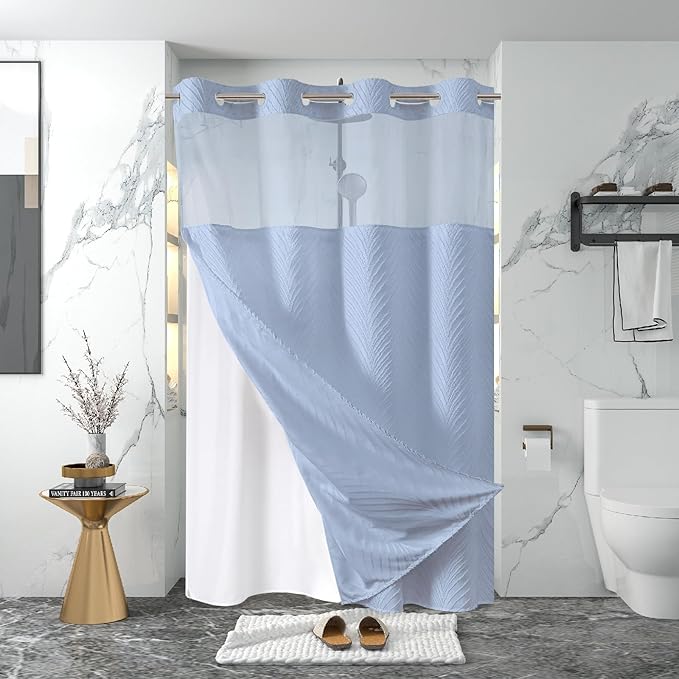 stall no Hook Tufted Shower Curtain with snap in Liner Set, White Waterproof Fabric Inner Liner,Boho Style Shower Curtain with See Through top Window, FrostBlue, 54Wx80H