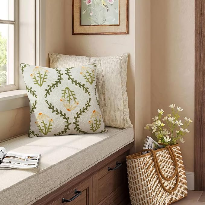 Adabana Embroidered Pillow Cover Set of 2 Farmhouse Decorative Floral Throw Pillow Covers 18x18 inch for Couch Sofa Bed Living Room Decor Green and White