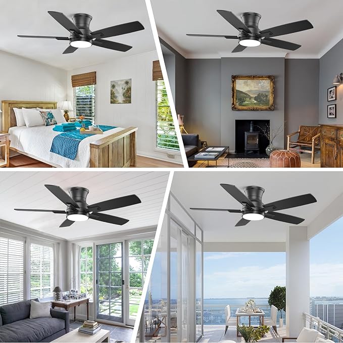 YUHAO 42 Inch Flush Mount Black Ceiling Fan with Light and Remote Control.Noiseless,Dimmable,3CCT,6 Speeds Reversible, Low Profile DC Ceiling Fans for Indoor Use