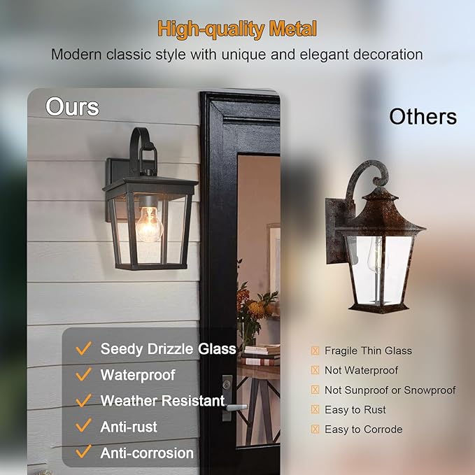 ALVIME Outdoor Wall Light Fixtures, Waterproof Outdoor Sconce Lights, Exterior Wall Lanterns, Porch Outside Lighting for Entryway, Backyard, Patio, Garage, Clear Seeded Glass Black 2 Pack