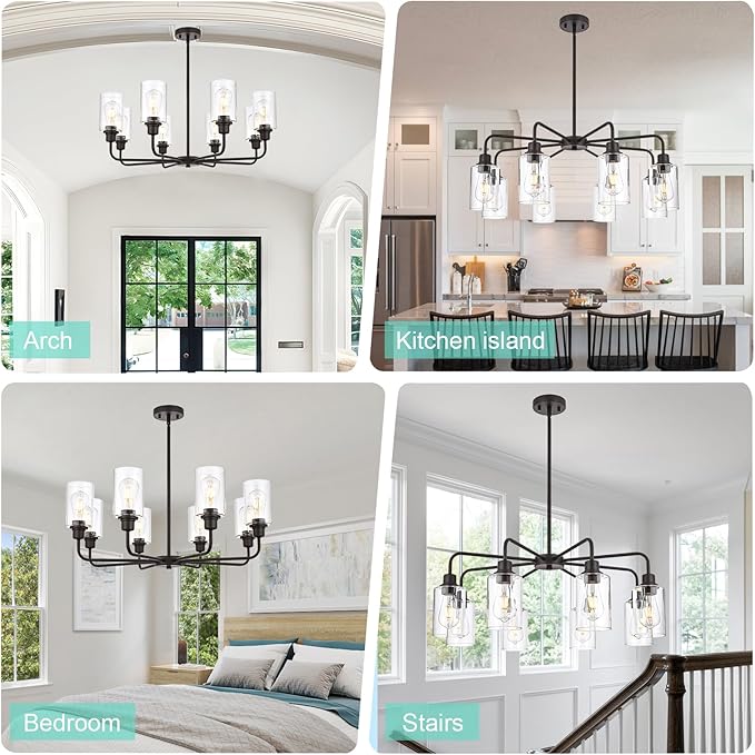 VINLUZ 8-Light Oil-Rubbed Chandelier with Clear Glass Shades, E26 Base Modern Pendant Light Fixture, Adjustable Swivel Heads Ceiling Lighting, Farmhouse Chandelier for Dining Room Kitchen Hallway