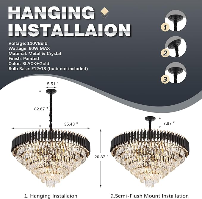 7-Tier Black Gold Crystal Chandelier 35.5’’ 18-Light Modern Crystal Pendant Chandelier Ceiling Light Fixture Hanging Lighting for Living Room Villa Restaurant Foyer High Ceiling