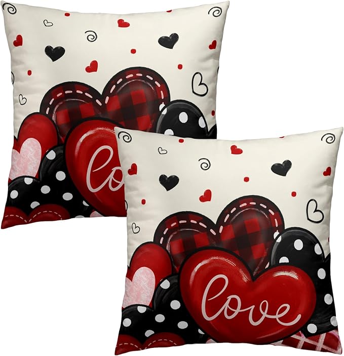 Love Themed Pillow Covers Set of 2, 22x22 Inch Romantic Accent Red Black Checkered Buffalo Hearts Pillowcases or for Couch Sofa Bed House Porch Outdoor Holiday Home Decor