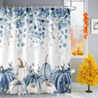 Vandarllin Fall Thanksgiving Shower Curtain, Blue Eucalyptus Leaves Shower Curtains Set with Hooks, Autumn White Pumpkin Waterproof Fabric Bathroom Curtains Decor Home Accessories,72 X 72 Inch Long