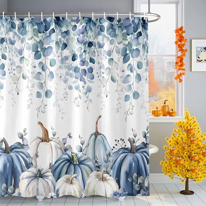Vandarllin Fall Thanksgiving Shower Curtain, Blue Eucalyptus Leaves Shower Curtains Set with Hooks, Autumn White Pumpkin Waterproof Fabric Bathroom Curtains Decor Home Accessories,Stall 48 X 72 Inch