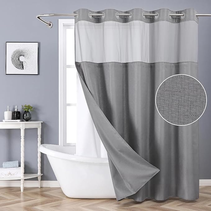 Grey No Hook Shower Curtain with Snap-in Fabric Liner Set,Slub Textured Fabric Shower Curtains for Bathroom,Hotel Style Modern Shower Curtain,Water Repellent & Washable,71x77(75)