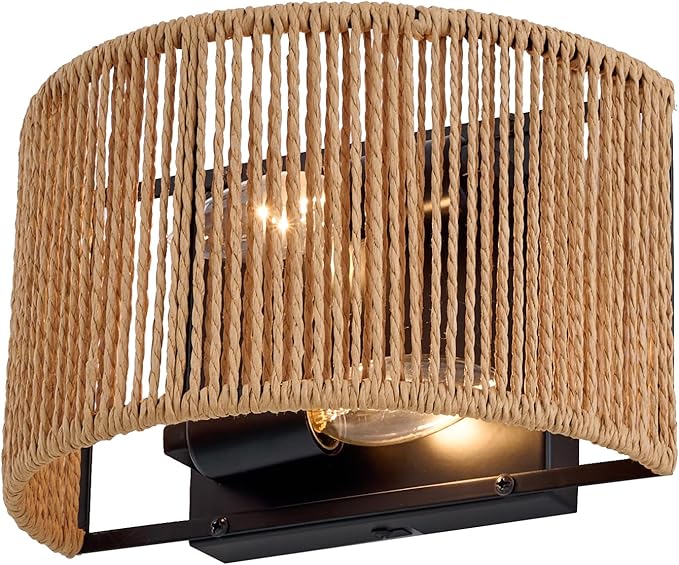 Rattan Boho Wall Sconce, Wall Hanging Lamps with Hand Woven Hemp Rope Shade , Farmhouse Rustic Wicker Black Wall Mount Vintage Sconces Light Fixture Indoor for Living Room Bedroom Bedside Stairway E26