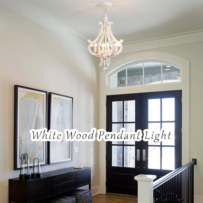 Wooden Farmhouse Chandelier 4 Lights Rustic Antique White Chandeliers for Dining Room French Country Chandelier Orb Pendant light Fixtures Hanging for Kitchen Living Room Foyer Bedroom Entryway
