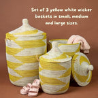 Large Yellow Basket - Organize Bedroom, Living Room, Nursery - Laundry Hamper, Toy Bin, Blanket Storage, Towels Holder - Decorative, Boho Style - Wicker, Woven, Lid, Handles