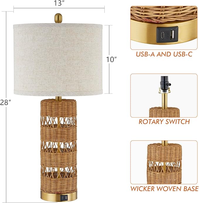 Boho Rattan Stylish & Functional & Versatile Decor USB Table Lamps Set of 2-28" Farmhouse Bedside Lights,Bulbs Included