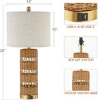 Boho Rattan Stylish & Functional & Versatile Decor USB Table Lamps Set of 2-28" Farmhouse Bedside Lights,Bulbs Included
