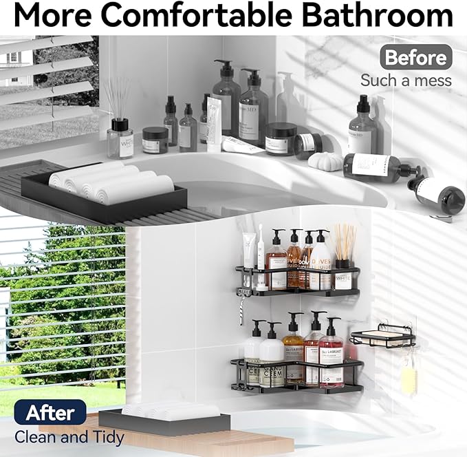 YASONIC Corner Shower Caddy Organizer, 3-Pack Adhesive Rustproof Stainless Steel Shower Shelves with Soap Holder, No Drilling Shower Storage Rack for Family Renters Bathroom, Black