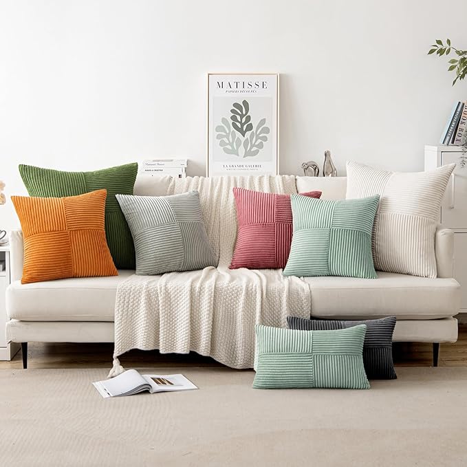 MIULEE Greyish Green Corduroy Pillow Covers Pack of 2 Boho Decorative Spliced Throw Pillow Covers Soft Solid Couch Pillowcases Cross Patchwork Textured Covers for Living Room Bed Sofa 18x18 inch