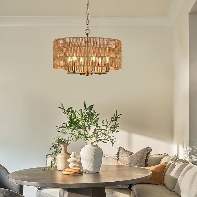 20" Hand-Woven Rattan Chandelier 6-Light Vintage Farmhouse Boho Bamboo Golden Chandelier Light Fixture Retro Drum Wicker Gold Chandeliers for Dining Room, Kitchen, Living Room, E12