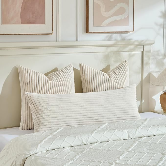 Fancy Homi Set of 2 Cream Boho Neutral Decorative Throw Pillow Covers 24x24 Inch for Couch Bed Sofa, Aesthetic Modern Organic Home Decor, Soft Fluffy Corduroy Beige Cute Farmhouse Cushion Case 60 cm