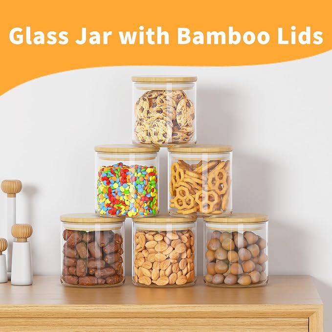 SODSAI 6 Piece Glass Storage Jars Set with Airtight Bamboo Lids and Labels, 20oz/600ml Glass Spice Jars Food Storage Containers for Home Kitchen,Pantry, Tea, Sugar, Salt, Coffee, Flour, Herbs, Grains