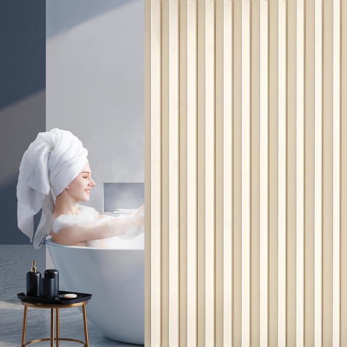 South to East Waterproof Shower Curtain, Heavy Duty Magnetic Folding Linen Shower Curtain, Non-Toxic, 72x80 Magnetic Fabric Bathroom Curtain Sets, Beige