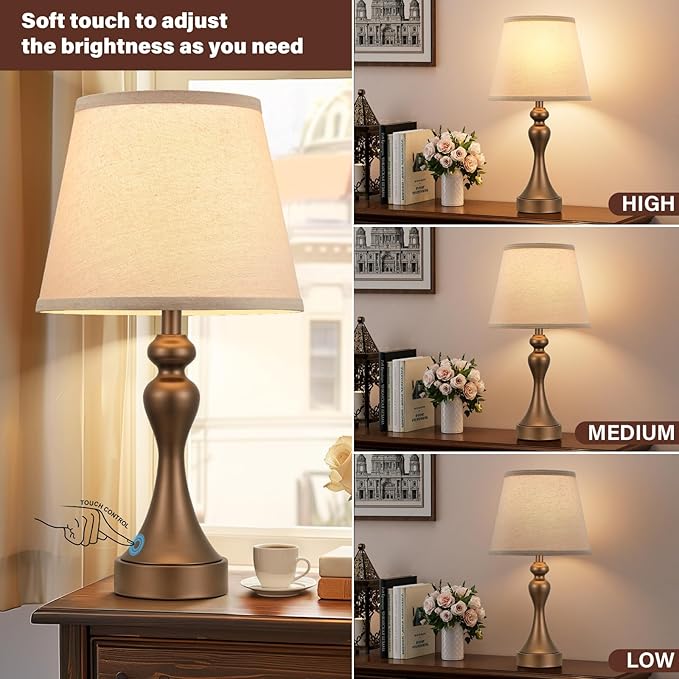 Seealle Touch Lamps for Nightstand - Bedside Lamps Set of 2, 3 Way Dimmable, USB C+A for Bedroom & End Tables (Brown&Oat)