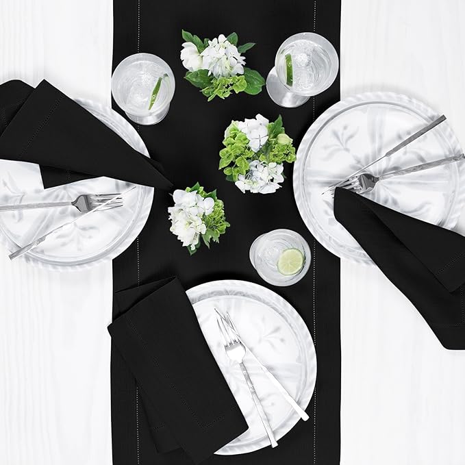 Solino Home Linen Black Table Runner 60 Inches - Classic Hemstitch, 100% Pure Linen Coffee Table Runner 14 x 60 Inch Ideal for Dresser Tables - Fall, Autumn, Halloween, Thanksgiving, Holiday