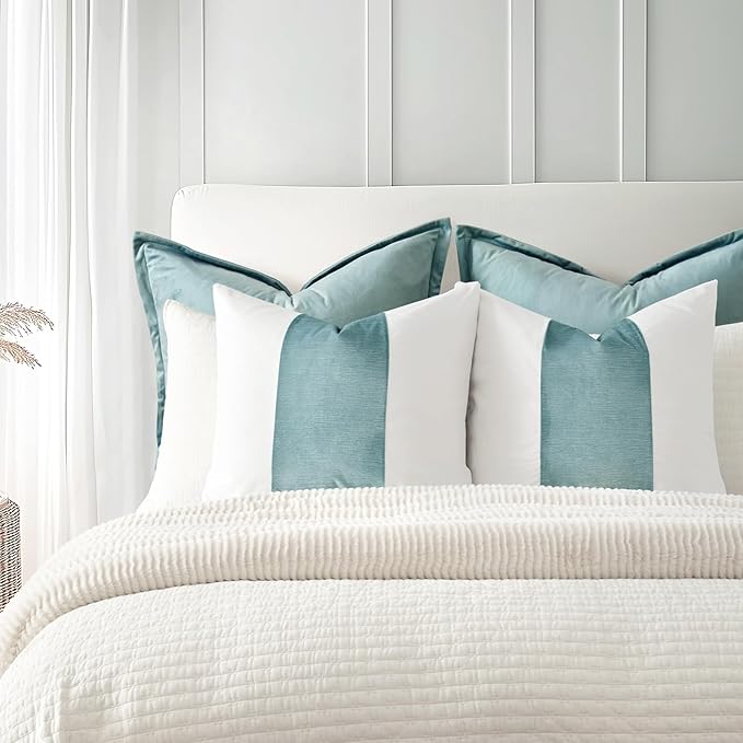 EVERGRACE x Kinsey Walsh Signature Velvet Panel Cotton Pillow Covers Set of 2, Decorative Pillow Covers 20"x20" for Couch, Square Cushion Cases for Sofa Bedroom Living Room, Aquamarine